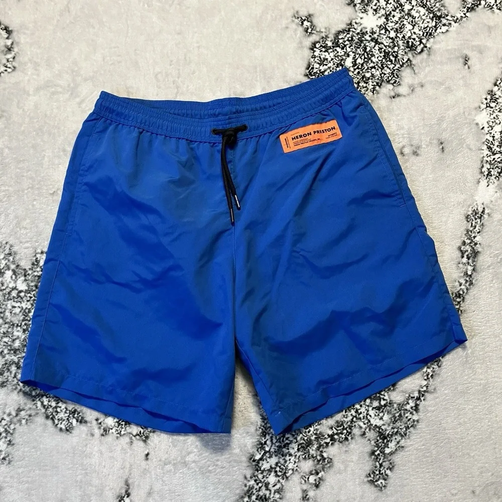 Heron Preston‎ Swim Shorts Mens Size Large Blue Mesh Lined Drawstring Waist